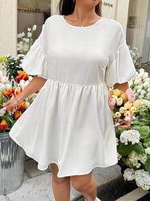 SHEIN EZwear Plus Size Women Beach Vacation,Babydoll,,Brunch Outfits For Women,Graduation,Wedding Guest Dress Women,Casual Round Neck Short Sleeve Ruffled Hem Sun Dress,Spring Summer Clothes