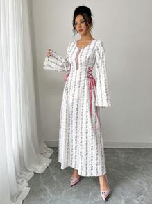 Yasmyna Vestido de verano modesto con estampado, de manga larga, cuello de volantes con lazo, estilo árabe, para mujer