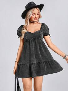 Wildy Summer Western Rave Outfit Concert Outfit Women Women's Summer Puff Sleeve Square Neck Fitted Washed Denim Short Skater Dress