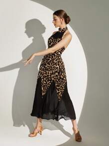 Dansine Latin Dancewear Leopard Print Sleeveless Long Chiffon Patchwork Backless Sexy Dancewear Dress For Women
