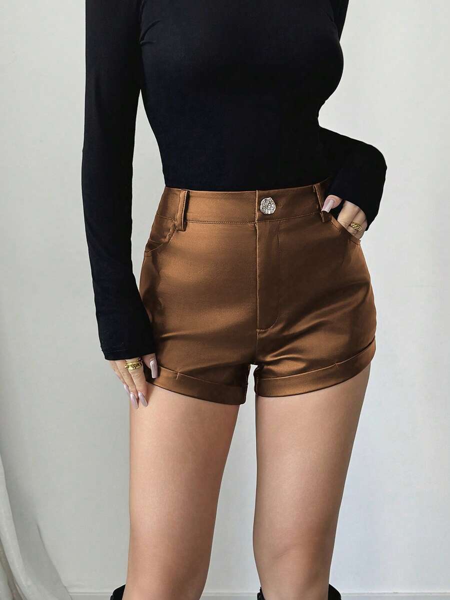 SHEIN Unity Burgundy Regular Length Cuffed Women's Shorts, New Autumn Collection - Brown - View 1
