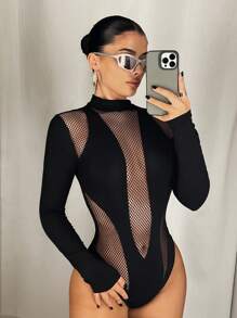 SHEIN ICON 女式长袖网眼连体衣，紧身不对称设计