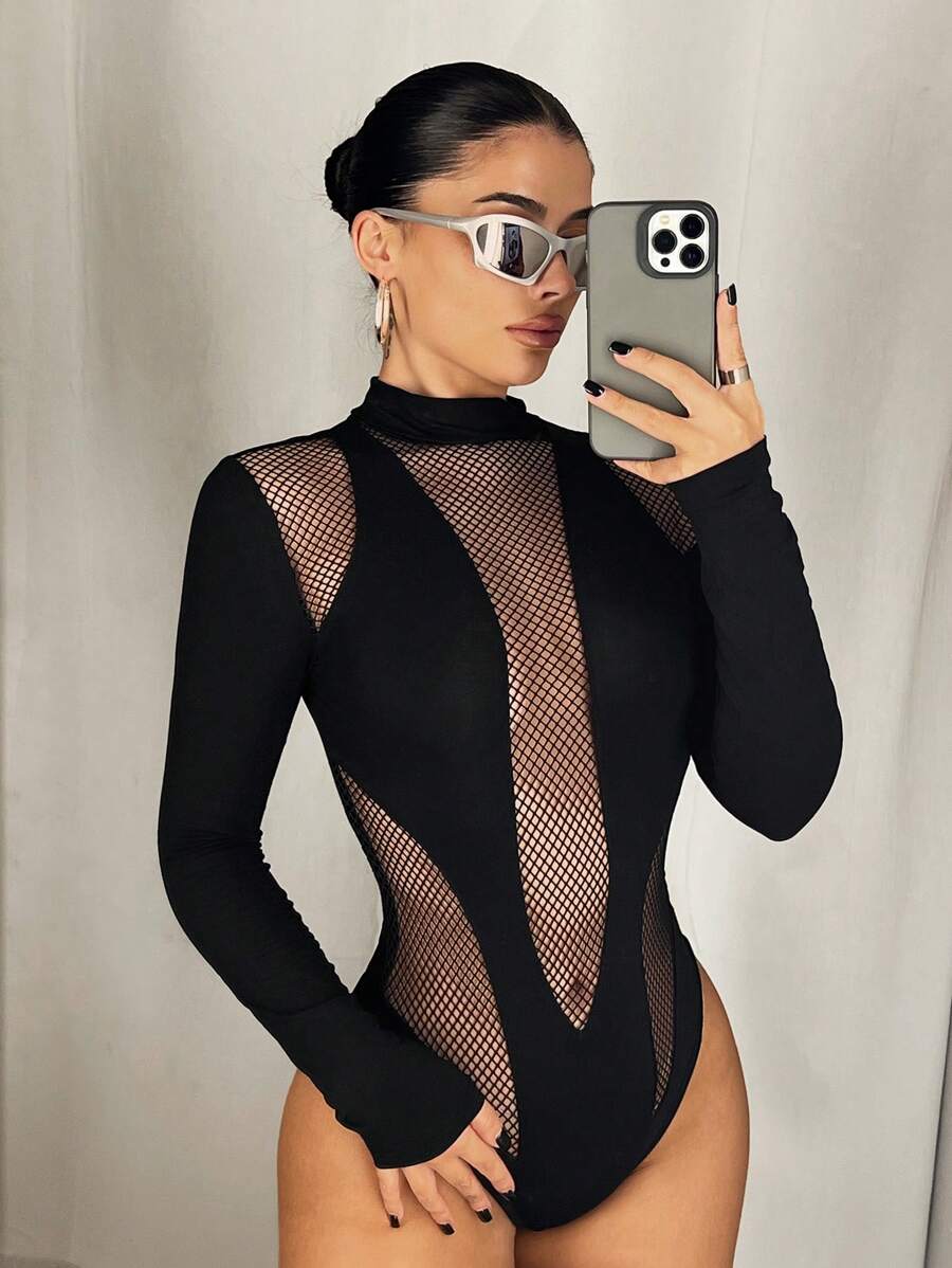 SHEIN ICON 女式长袖网眼连体衣，紧身不对称设计