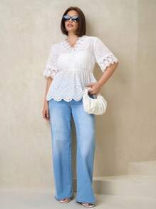 SHEIN Clasi Plus Size Women's Holiday Floral Embroidered Lace Cuffs And Collar V-Neck Short Sleeve Romantic Shirt,Concert Women,Funny Shirts,Raves,Country Concert,Beach,Bohemian,Boho Women Clothing,Vacations Woman,Embroidered Top