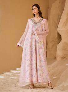 Al Najma Women's Floral Chiffon Elegant Turkish & Arabian Traditional Maxi Jalabiya Dress Wedding Dresses For Women