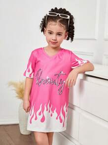 Young Girl Fitted Knit Dress With Letter Pattern, Round Neck - Red - View 3