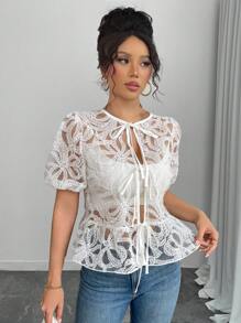 SHEIN ChicEase Textured Bowknot Decor Women's Elegant Blouse - White - View 1