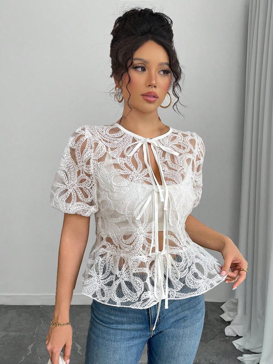 SHEIN ChicEase Textured Bowknot Decor Women's Elegant Blouse - White - View 1