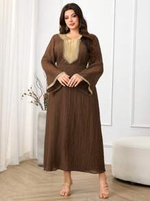 Al Najma Plus Size Women Solid Color Patchwork Długi Rękaw Prosta Swobodna Arabska Sukienka