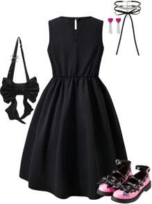 SHEIN Explorewe Tween Girl Colorblock Bow Decor Sleeveless Dress Bow Dresses Bow Clothes Girls