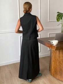 DAZY Old Coins Design Women Casual Suit: Sleeveless Tie-Up Jacket And A-Line Skirt, Spring/Summer Business Attire - Black - View 2