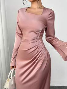 Modelyn 法式长袖斜V领修身中长连衣裙 - 藕粉色 - 查看 6