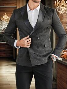 Manfinity Mode 男士提花图案翻领西装外套，多排扣设计，派对西装外套 - 黑色 - 查看 1