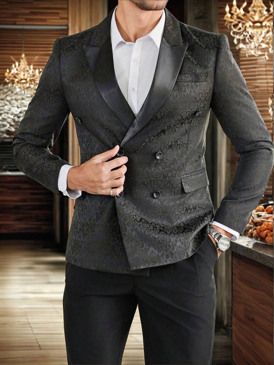 Manfinity Mode 男士提花图案翻领西装外套，多排扣设计，派对西装外套 - 黑色 - 查看 1