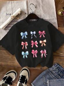SHEIN Süße Schleife, Kirsch-Muster Lässig Cartoon Grafik T-Shirts in Weiß, Schwarz, Rosa für Kleine Mädchen, Kurzarm, geeignet für den Sommer - Verschiedenfarbig - Übersicht 3
