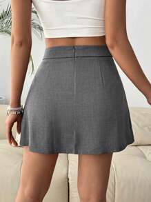 Chiquease 女士纯色高腰休闲短款蝴蝶结裙 - 灰色 - 查看 2