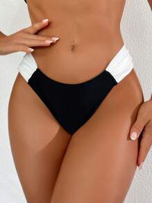 SHEIN Swim Springbreak Women Summer Beach Vacation Fashion, Contrast Ruffle Design Bikini Bottom - Black and White - View 1