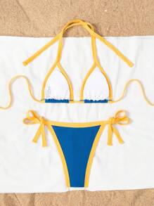 Conjunto de bikini deportivo de 2 piezas con cuello de corbata de contraste para mujer, para verano y vacaciones en la playa