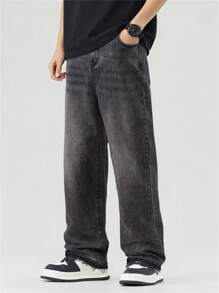 青少年男孩休闲直筒喇叭牛仔裤，宽松长款喇叭牛仔裤，深灰色拼布工装牛仔裤