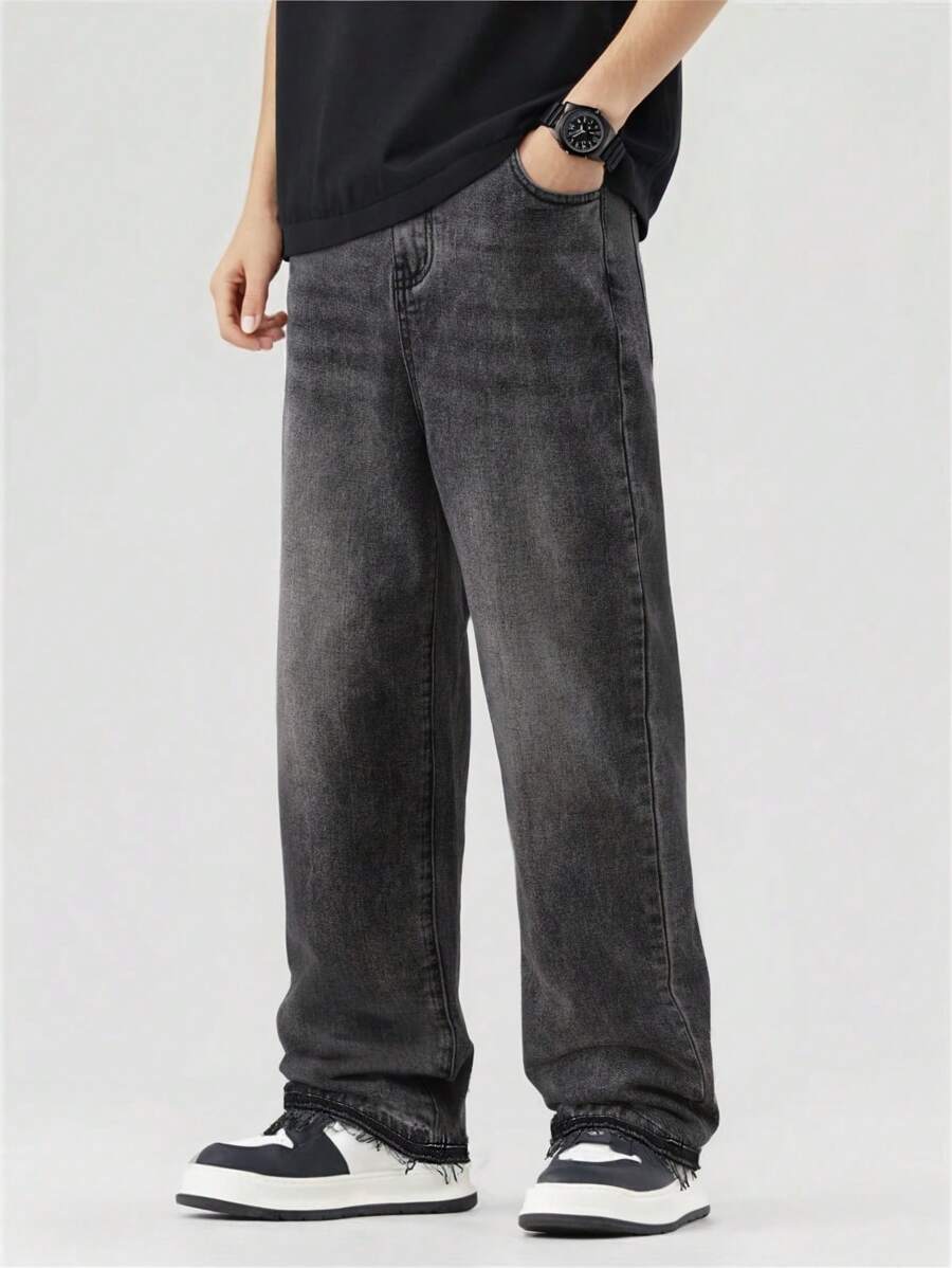 青少年男孩休闲直筒喇叭牛仔裤，宽松长款喇叭牛仔裤，深灰色拼布工装牛仔裤