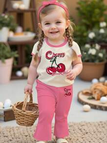 SHEIN Leap Crew Cute Cherry Printed Pink Baby Girl Casual Crew Neck Short Sleeve T-Shirt And Flare Pants Set, Spring/Summer - Multicolor - View 1