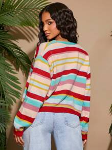 SHEIN SXY Women's Casual Colorblock Striped Tie Front Lightweight Cardigan - Multicolor - View 2