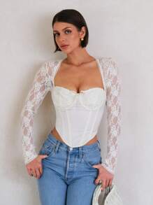 SHEIN BAE 女装春夏浪漫优雅杏色蕾丝拼接人字形束身衣外出上衣，夏季女装，演唱会女装，狂欢节