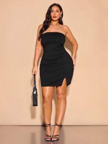 SHEIN BAE Plus Size Women's Casual Black Ruched Tube Top Elastic Slit Mini Dress, Summer,Graduation Dress,Birthday Dresses For Women