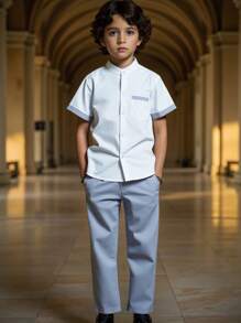 2pcs Tween Boy Gentleman Patchwork Pocket Short Sleeve Shirt With Long Pants Outfit, Suitable For Outing, Gathering, Party, Holiday - White - View 1