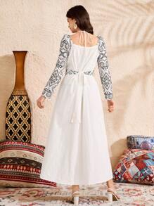 Al Najma Embroidered Halter Neck Women's Arabic Style Dress, Arabian Dresses - White - View 6