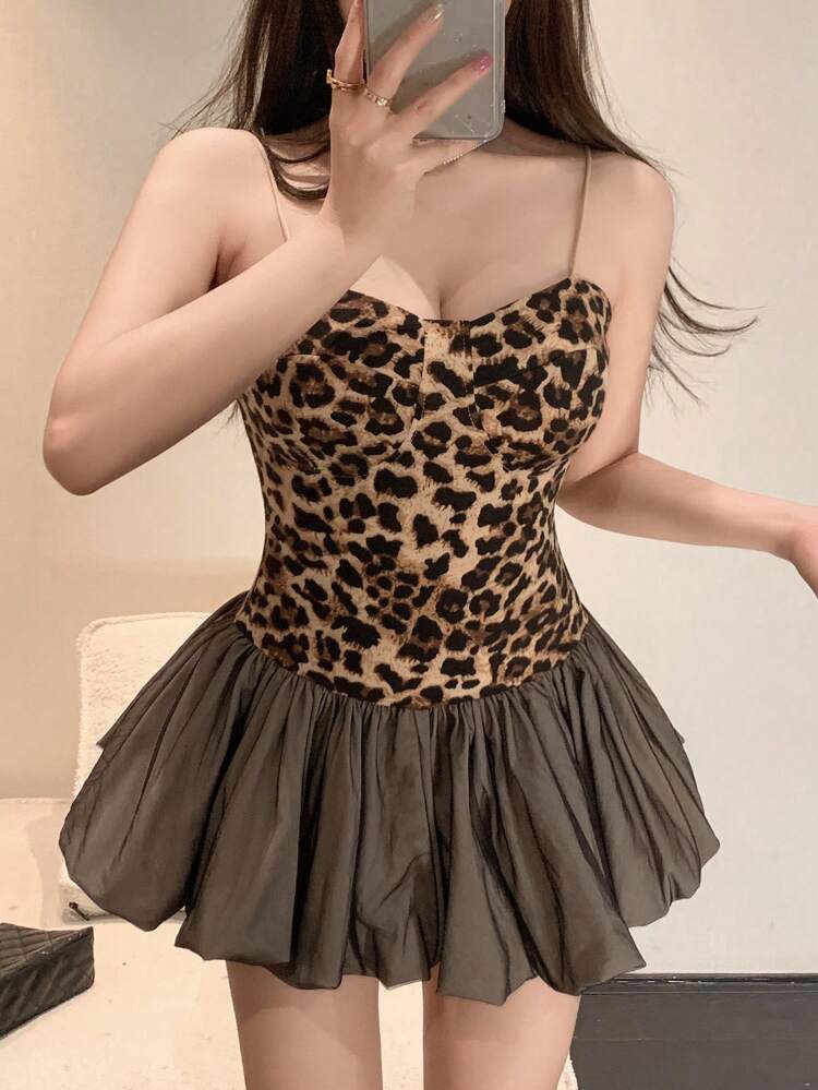 Leopard Allover Print Puff Skirt Strap Tank Tops Mesh Patchwork Dress Outfits For Women Summer Going Out Tops Tube Top