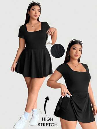 Solflare Plus Size Kvinnor Svart Fyrkantig Neck Kortärmad Jumpsuit med fickor