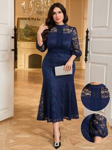 Modelyn 大码女式蕾丝拼接鱼尾下摆优雅连衣裙 - 藏蓝色 - 查看 1