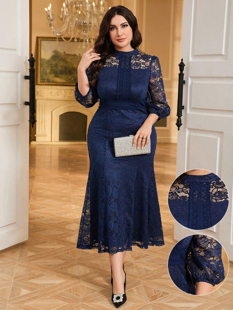 Modelyn 大码女式蕾丝拼接鱼尾下摆优雅连衣裙 - 藏蓝色 - 查看 1