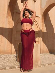 Swim Oasis Conjunto de bikini burdeos de talla grande para mujer con decoración de metal en estilo recortado y sexy, combinado con una falda larga tipo pareo, adecuado para usar en la playa o en resort