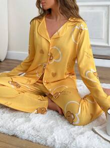 RueChic Cotton Women 2 Pcs Contrast Colour Button Front Detail Cute Bear Pattern Homewear PJ Set - Mustard Yellow - View 1