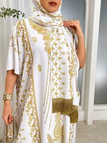 Al Najma Plus Size Women Arabic Style Gold Foil Print Dress - White - View 5