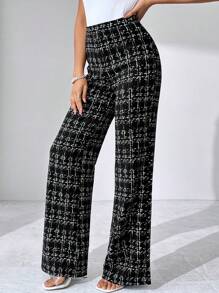 SHEIN Tall CURVE Plus Size Summer Elegant Women's Plaid Printed Elastic Knitted Pants, Suitable For Various Occasions, Suitable For Summer Vacation, Elegant Travel, And Daily Commuting,Business Casual Woman