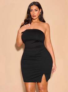 SHEIN BAE Plus Size Women's Casual Black Ruched Tube Top Elastic Slit Mini Dress, Summer,Graduation Dress,Birthday Dresses For Women