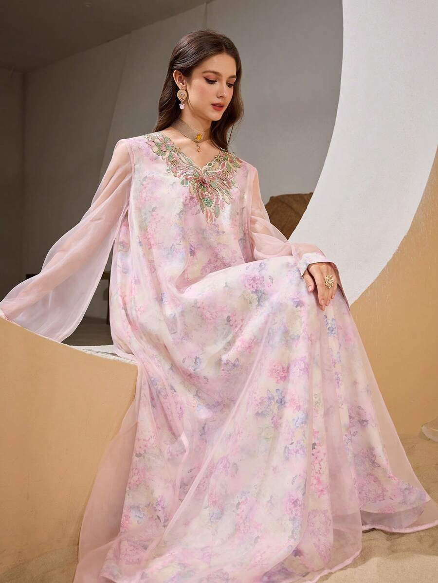 Al Najma Women's Floral Chiffon Elegant Turkish & Arabian Traditional Maxi Jalabiya Dress Wedding Dresses For Women
