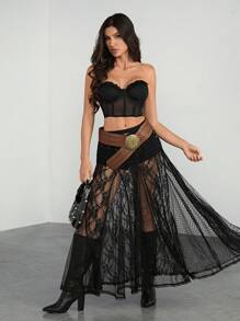 SHEIN Tall 音乐节女装乡村音乐会海滩度假乡村音乐节蕾丝透视低腰黑色女裙