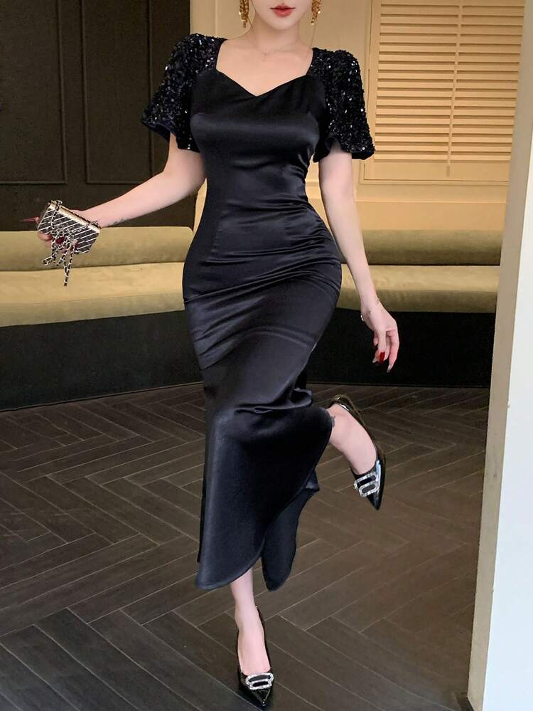 Fitted Shiny Satin Mermaid Dress, Sexy Party Gown For Women Prom Dress Elegant Sundress,Formal Women Dresses Sequin New Years Women Outfit Carnival