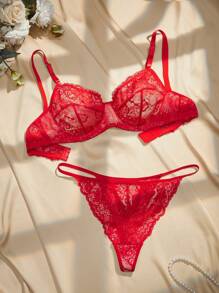 SHEIN Women Valentine's Day Solid Color Red Lace Sexy Lingerie Set - Red - View 2