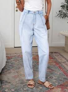 SHEIN LUNE Mid-Rise Waist Stretchy Waistband Loose Patchwork Design Women's Boyfriend Jeans - Blue - View 1