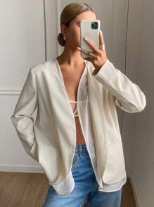 DAZY Elegant Casual Old Money Spring And Summer Splicing Mesh Loose Long-Sleeved Women's Suit Jacket Women Blazers, Fall Clothes Business Attire - Beige - View 3