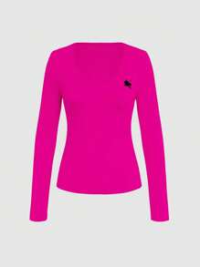 INAWLY Women's Casual V-Neck Long Sleeve Knight Print T-Shirt Fall Cloth For Women - Hot Pink - View 3