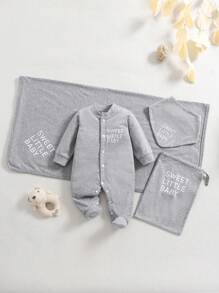 Newborn Baby Spring/Summer Knit Long Sleeve Romper, English Letter Minimalist Multi-Piece Home Wear Set - Light Grey - View 1