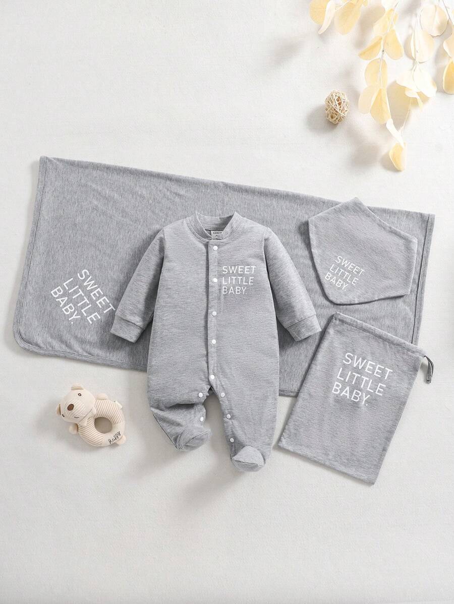 Newborn Baby Spring/Summer Knit Long Sleeve Romper, English Letter Minimalist Multi-Piece Home Wear Set - Light Grey - View 1