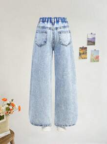 SHEIN Vaqueros de pierna ancha con estampado graffiti, desgastados y rotos con motivos de copos de nieve para niña preadolescente, pantalones rectos sueltos y lindos