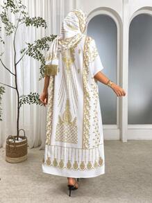 Al Najma Plus Size Women Arabic Style Gold Foil Print Dress - White - View 2